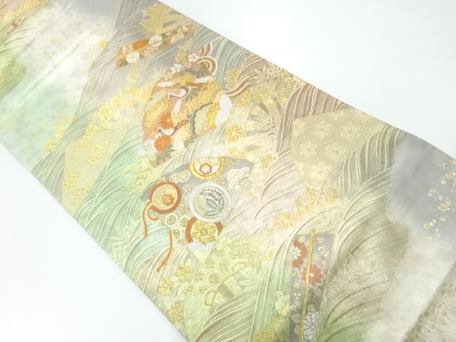 扇に松鶴模様織出し袋帯